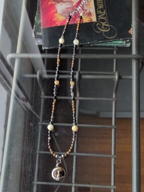 Beaded Tiger Eye , Silver Obsidian and Hematite Tiger Eye Cat Pendant Necklace